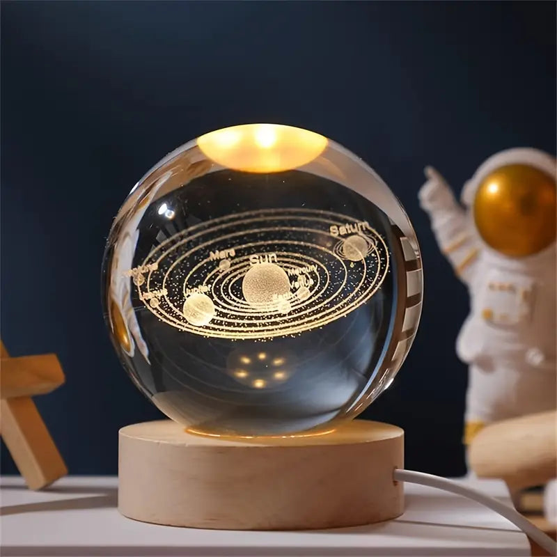 6cm 3D Crystal Ball Glass Ball Planet Earth Wooden Base Solar System Galaxy Astronomy Birthday Gift Home Desktop Decoration