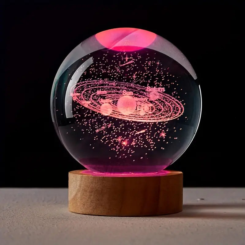 6cm 3D Crystal Ball Glass Ball Planet Earth Wooden Base Solar System Galaxy Astronomy Birthday Gift Home Desktop Decoration