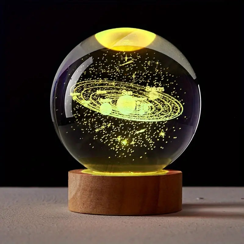 6cm 3D Crystal Ball Glass Ball Planet Earth Wooden Base Solar System Galaxy Astronomy Birthday Gift Home Desktop Decoration